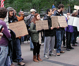 A photo of Occupy Wall Street protesters, taken on Saturday, October 22, 2011. Credit William Loren Katz.